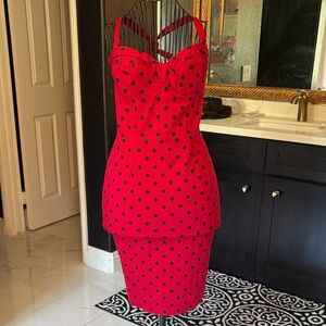 Pinup Couture Red and Black Polka Dot Midi Dress deadly dames rockabilly